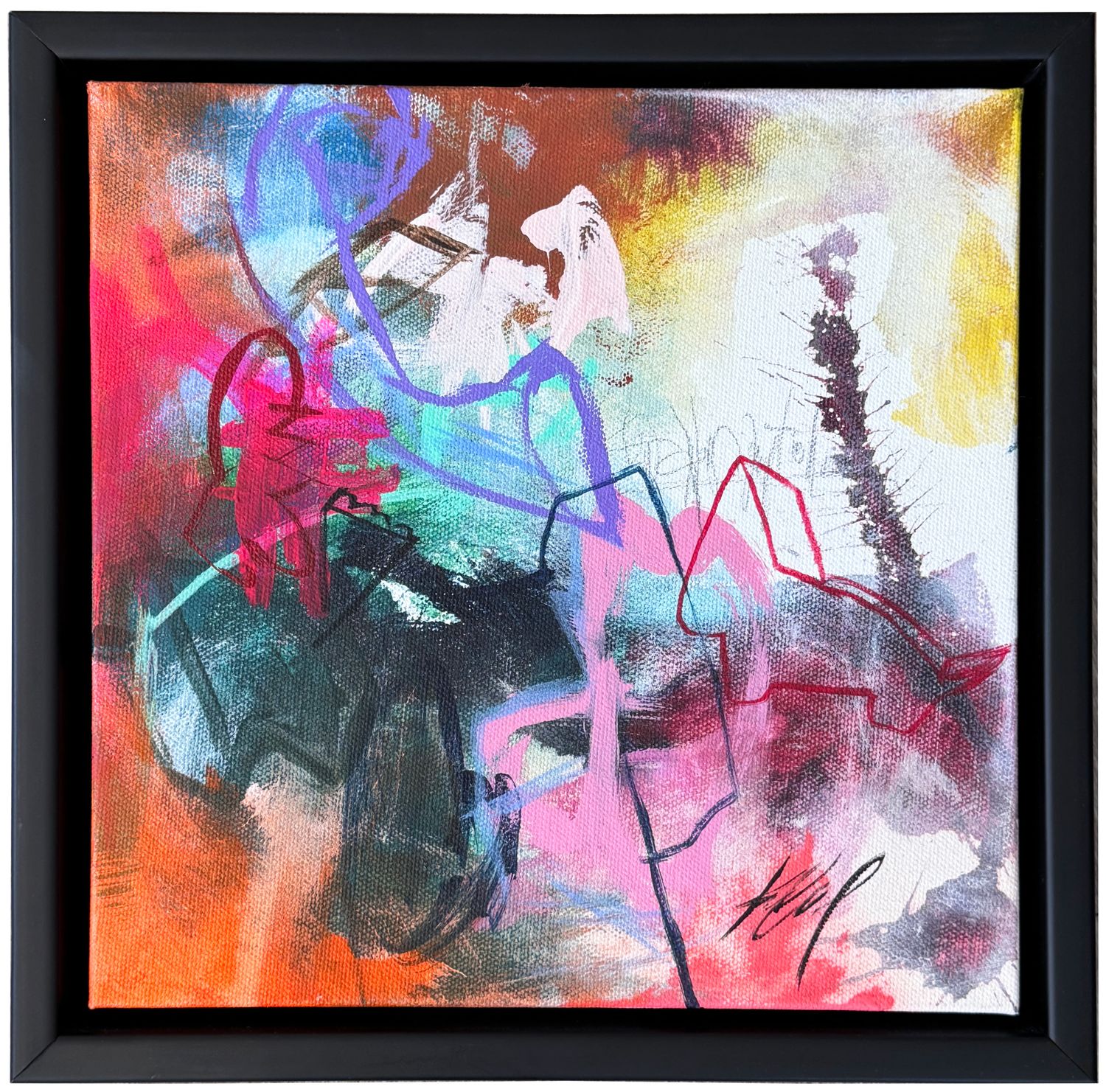 Original Art by Kelly O&#39;Neal, Abstract Mixed Media on Canvas, Matte Blk Frame, 12&quot; x 12&quot;