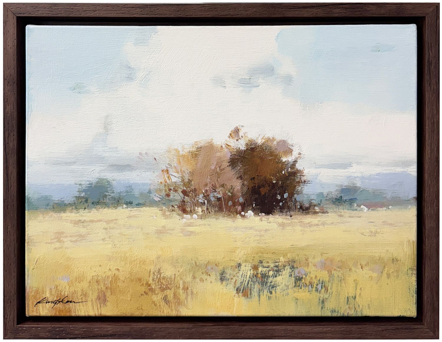 Original Art, 12x16, Walnut Frame, Abstract Landscape with Midline Trees