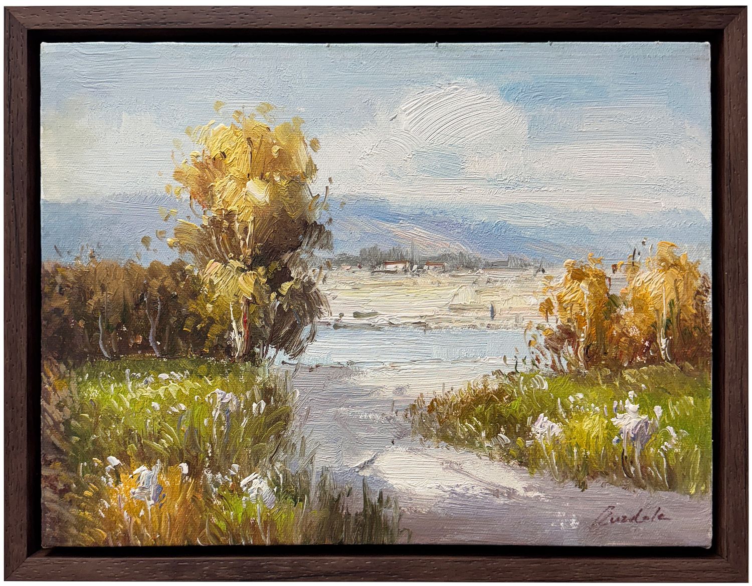 Original Art, 12x16, Walnut Frame, Abstract Landscape with Foliage and River, Homes in Background