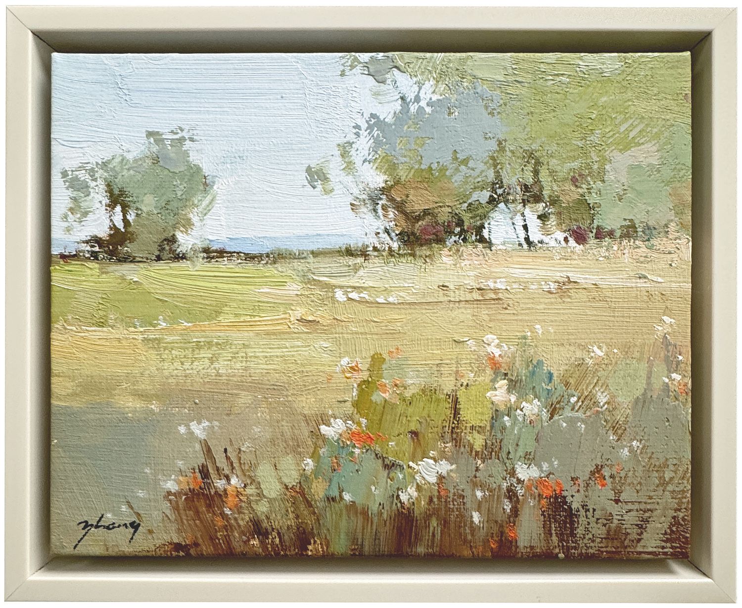 Original Art, 8x10, Open Field with Flowers and Foliage, Ivory Lacquer Frame