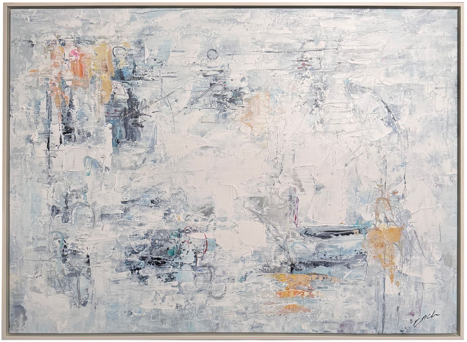 Original Art, 36x48, Whites Blues Abstract White Frame