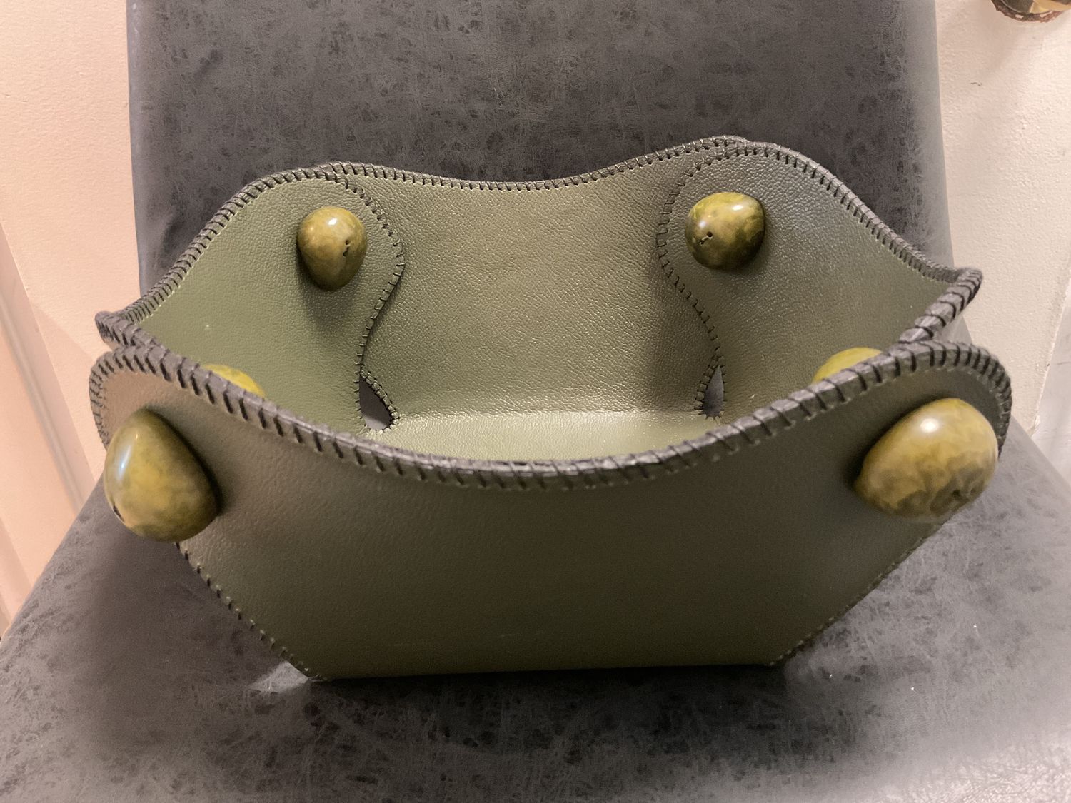 Bowl or Basket, Lg Green Leather Square with Wood Closures in 4 Corners
