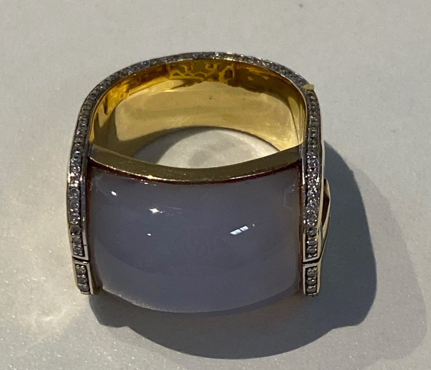 Ring; Estate 18k with Chalcedony cabochon and Diamond Accents, size; originally $5300