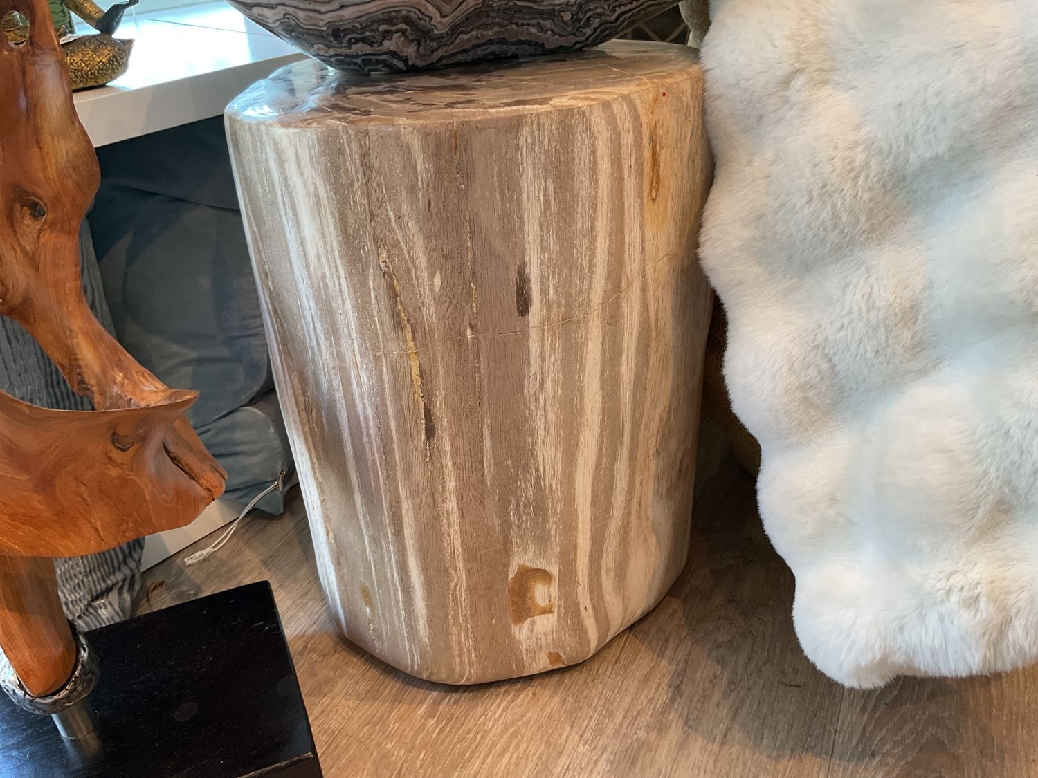 Petrified Wood Stool / End Table Polished Cream, 15 x 17 x 19&quot;h