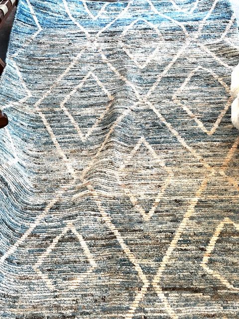 Rug Moroccan Hand Knotted Blue Ivory Patterned 8.4 x 9.5&#39;