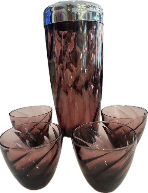 Vintage Glass Martini Shaker w/4 Glasses 5pc Set Eggplant
