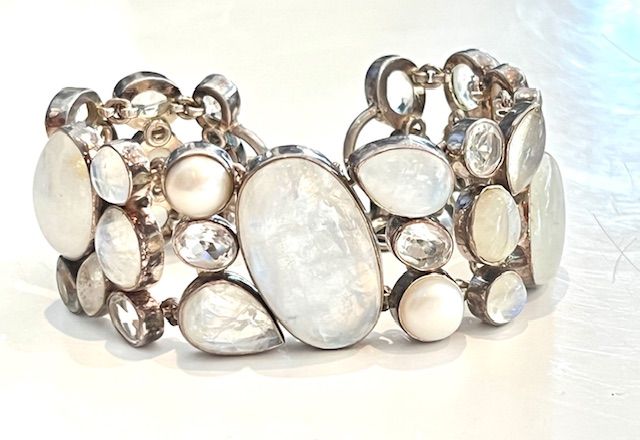Bracelet, Moonstone with White Quartz, Mother of Pearl, Sterling Silver