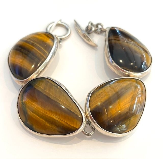 Bracelet, Tiger Eye 4 large stones, Sterling Silver