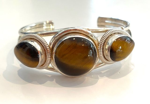 Bracelet, Vintage Tiger Eye Cuff, Sterling Silver