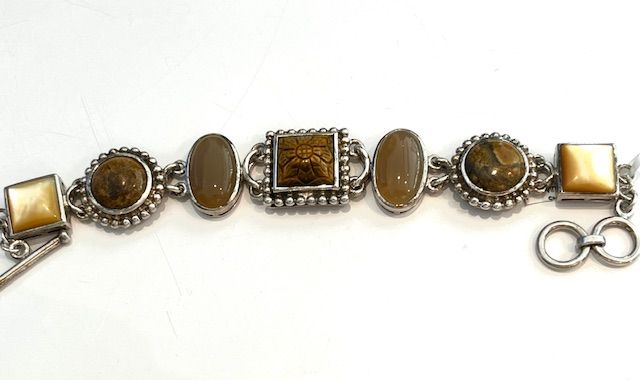 Bracelet, Vintage Carved Agate &amp; Tiger&#39;s Eye, Sterling Silver