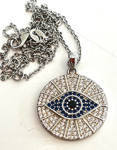 Necklace. Evil Eye, White Gold Plated on Sterling Silver, CZ Pave