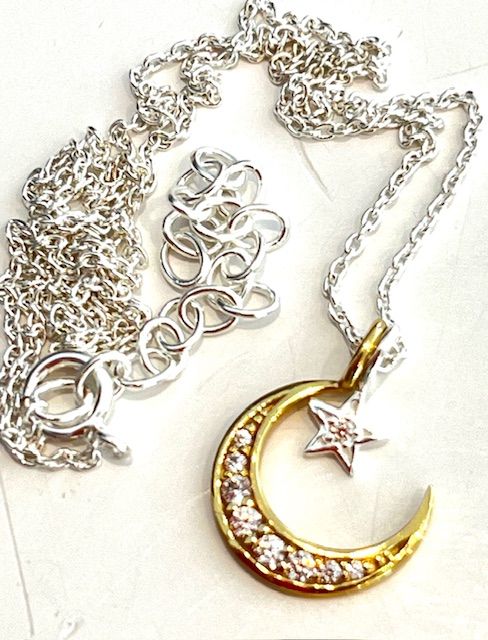 Necklace, Sterling &amp; Gold Plated Moon w/Hanging Star, CZ