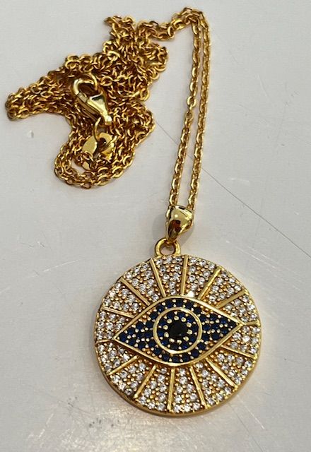 Necklace. Evil Eye, Yellow Gold Plated on Sterling Silver, CZ Pave