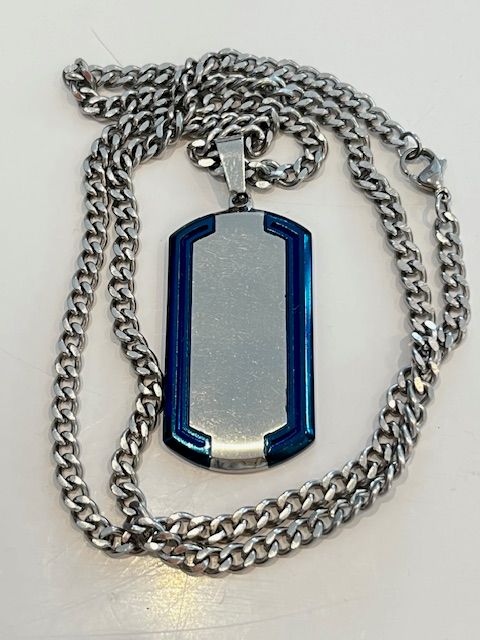 Necklace, Heavy Dog Tag, Silver with Blue Edges, Sterling Silver