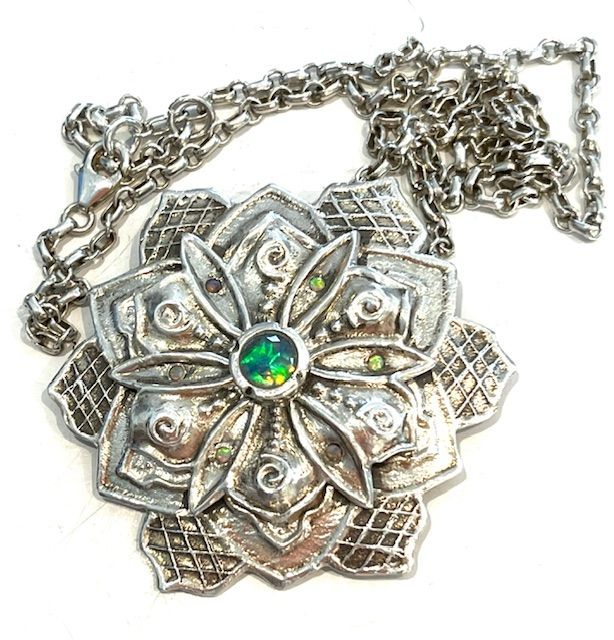 Necklace, Sterling Floral Design w/Center Blue Opal