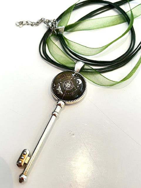 Necklace, Nautic Green Key Pendant, Sterling Silver on Green Chiffon