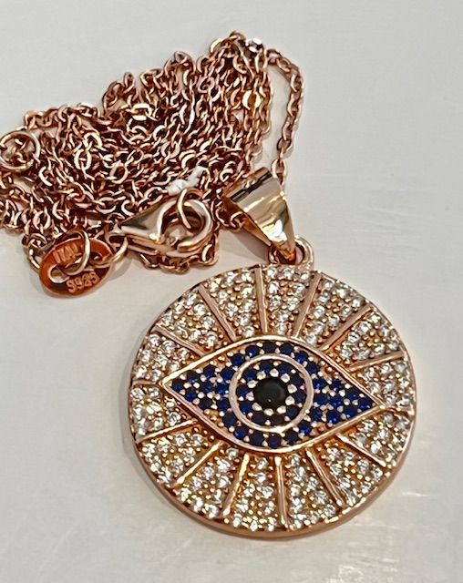 Necklace. Evil Eye, Rose Gold Plated on Sterling Silver, CZ Pave