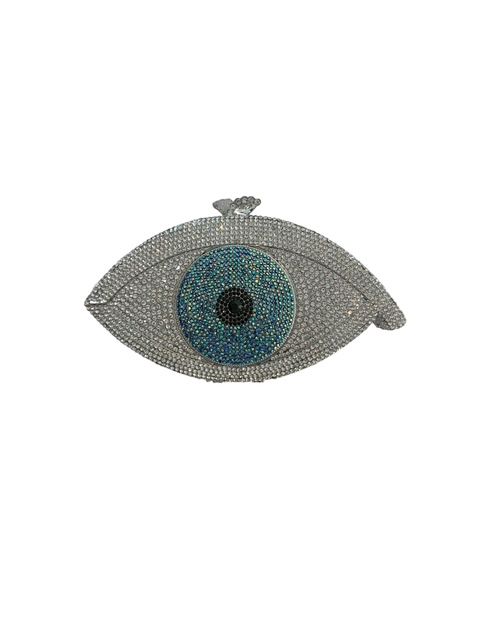 Evil Eye Crystal Clutch, Silver and Blue