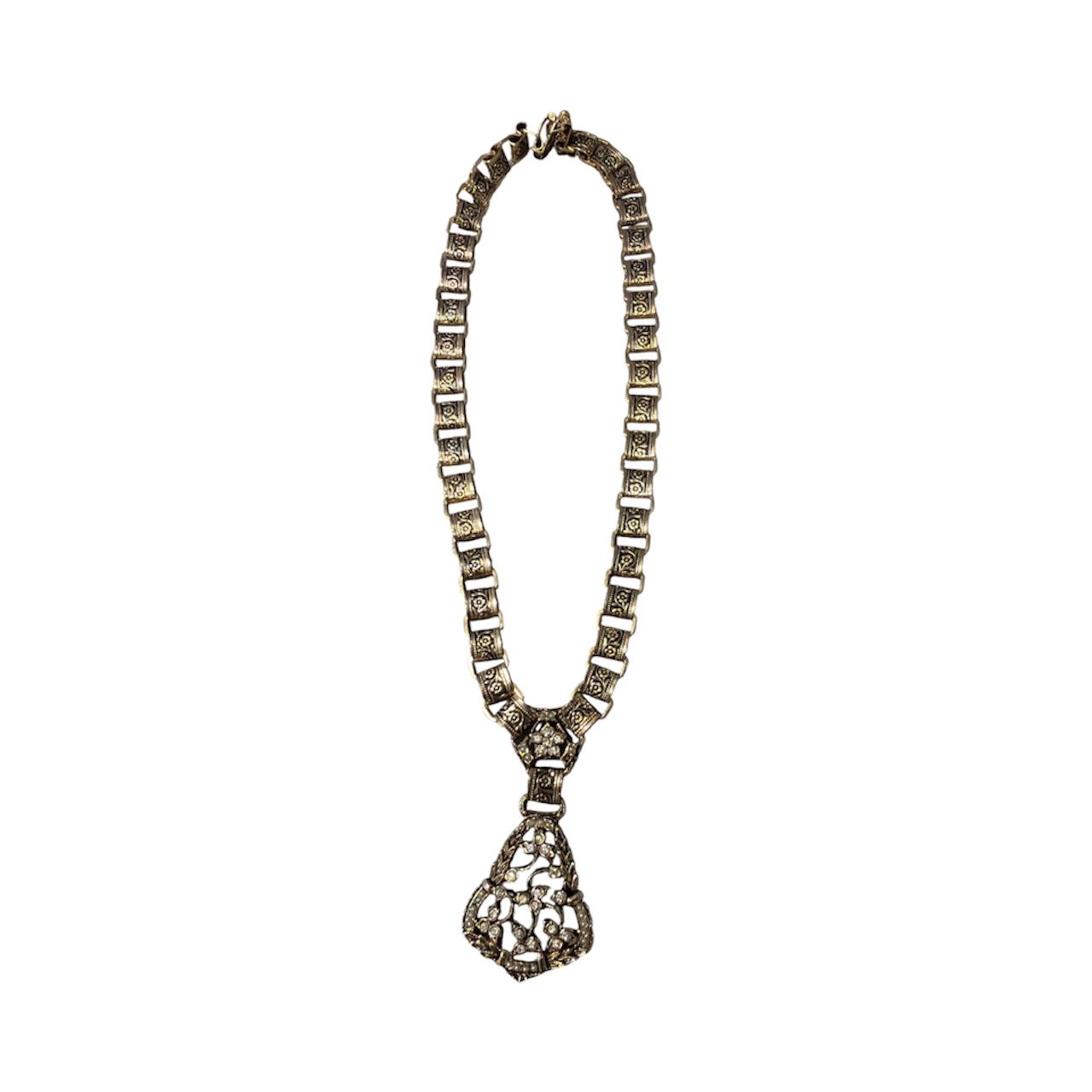 Necklace, Damascene Toledo Spain, gold w/engraved rose blossoms
