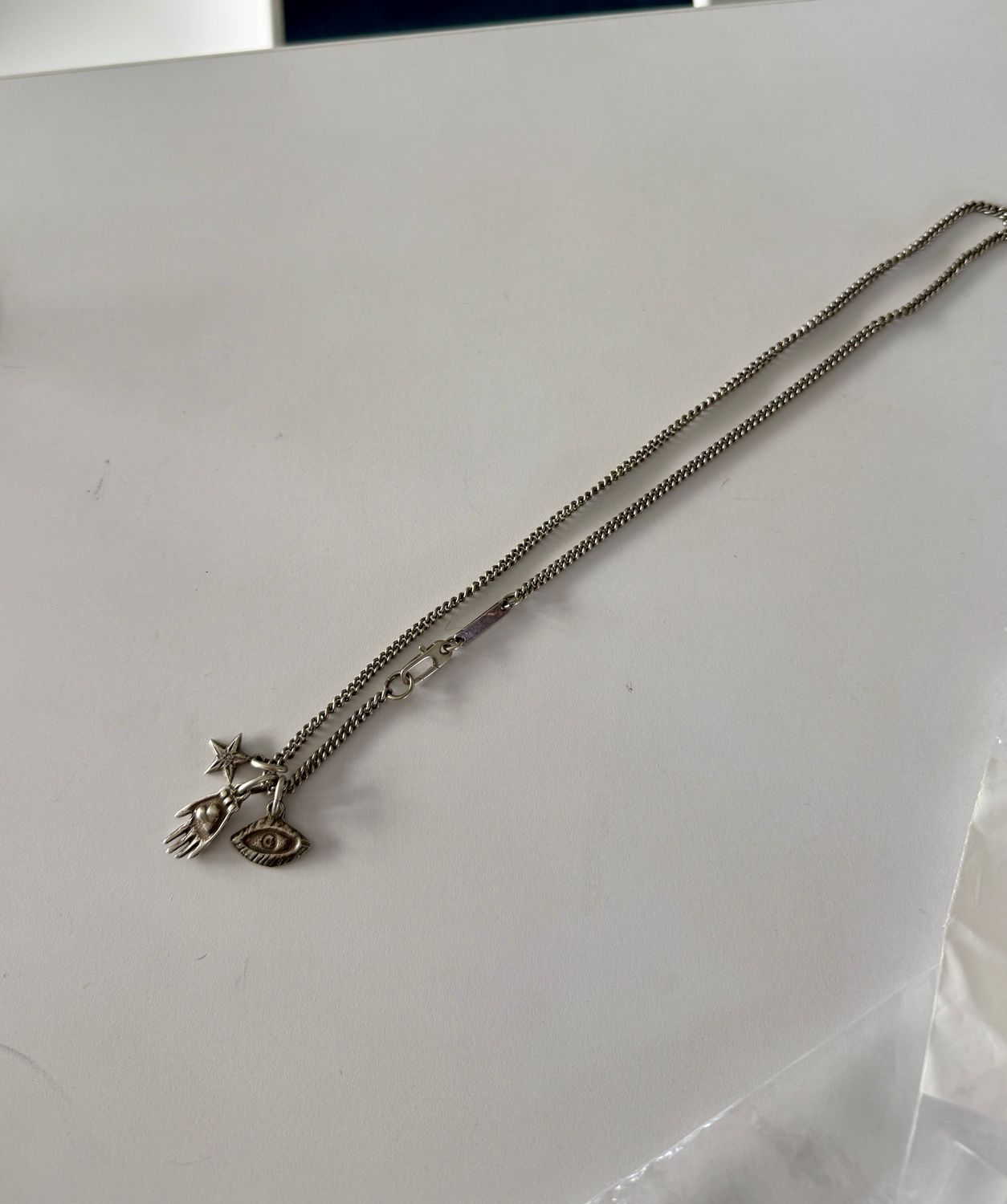 Necklace, 18&quot; Chain w/ 3 Charms, Sterling Silver Oxidized , Hand, Evil Eye, Star, Curb Link