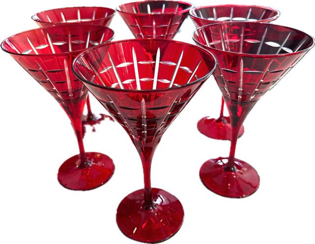 Set of 6, Red Martini Glasses, Signed, Cut to Clear Glass