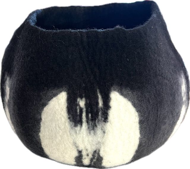 Felted Wool Basket Black &amp; White Tye Dye