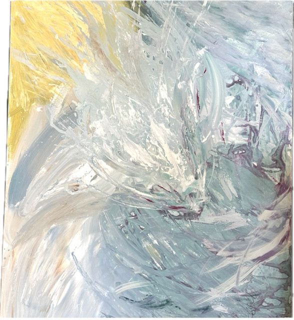 Original Art, 36 x 48, Sholeh Janati,  White Oak Framed, &quot;Floral Splash&quot;, Mixed Media Corner Signed, Yellow Gold, Blue, Lavender