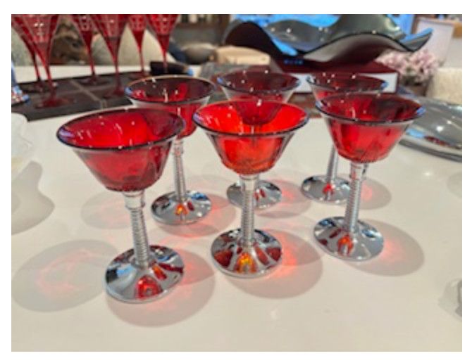 Vintage Art Deco Drinkware - Set/6 Red Glasses Chrome Base