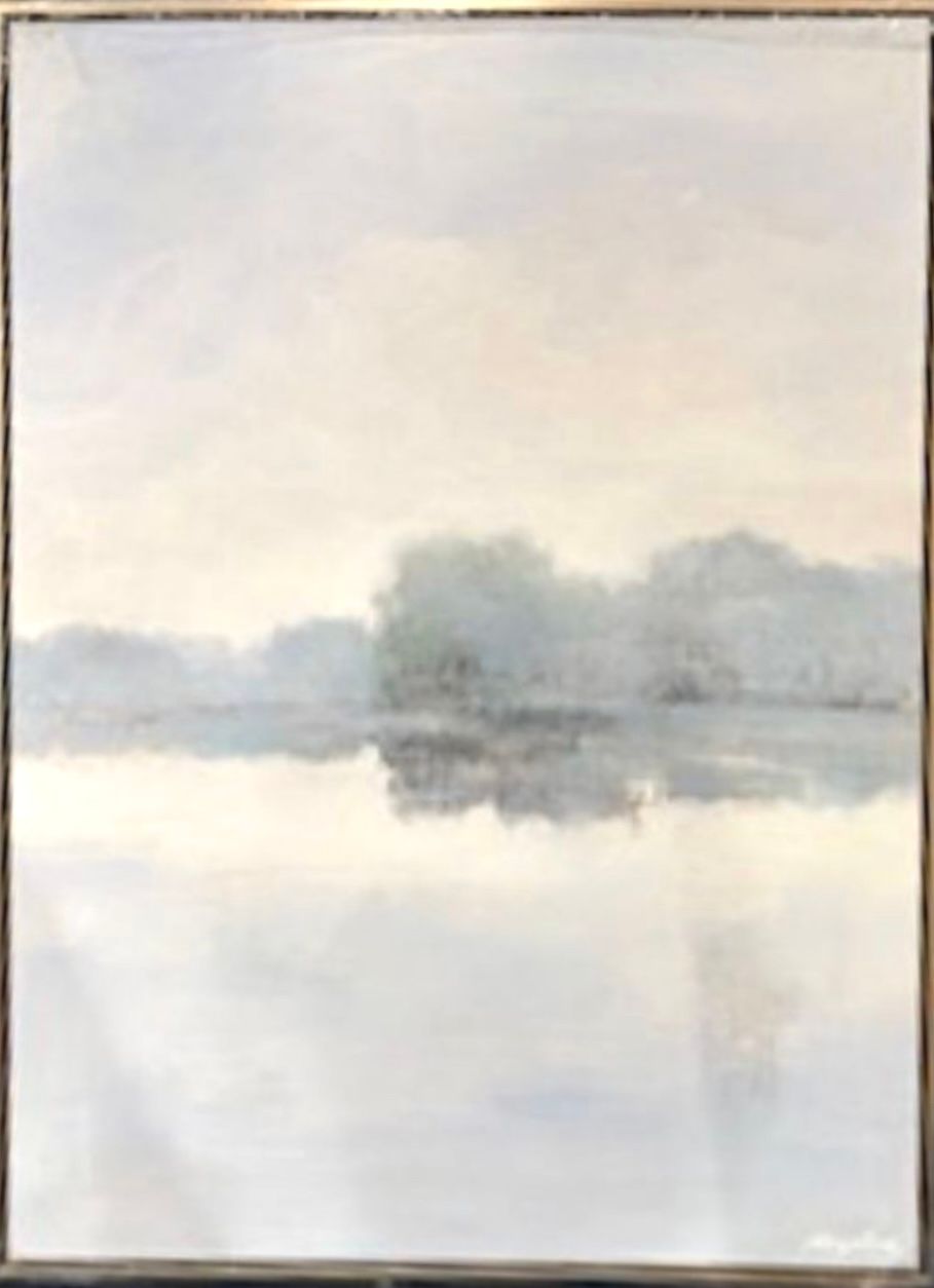Original Art, Zhang, 36 x 48, Abstract Landscape Vertical, Reflections in the Distance, Champagne Metallic Frame