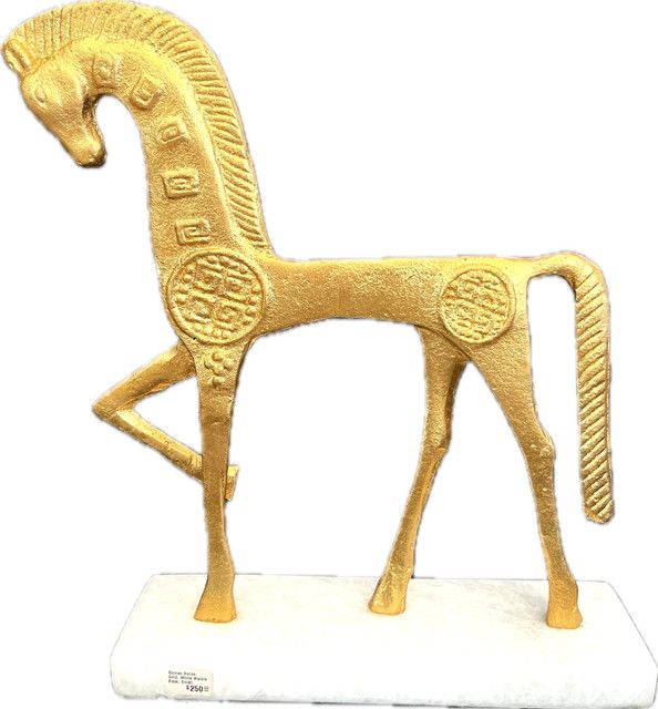 Roman Horse, Gold, White Marble Base, Small