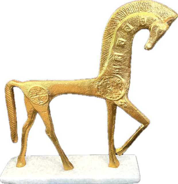 Roman Horse, Gold, White Marble Base, Large
