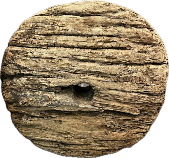 Mid 20th. C Wood Wheel on Stand 21&quot; x 6&quot; x 22&quot;