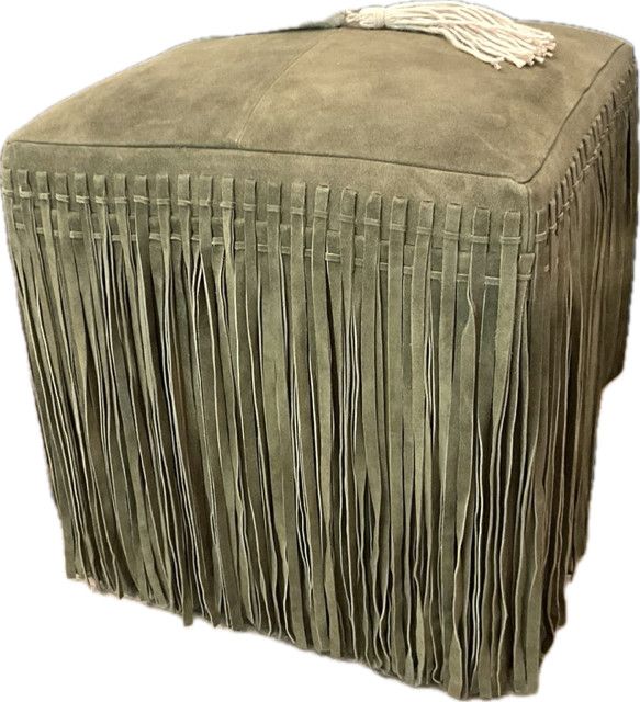Ottoman Square Fringe Suede Forest 18&quot; x 19&quot;