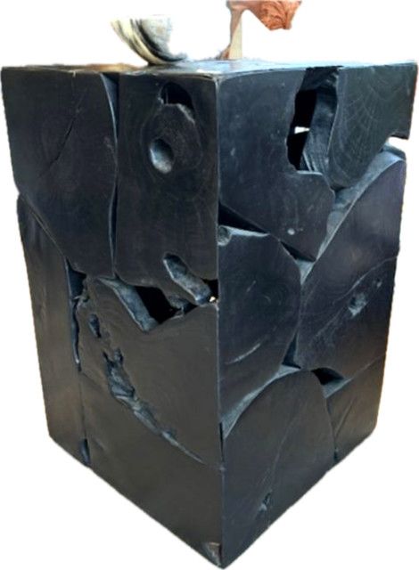 Black Polished Sliced Teak Column Pedestal, Bali,  24&quot;H x16&quot;W