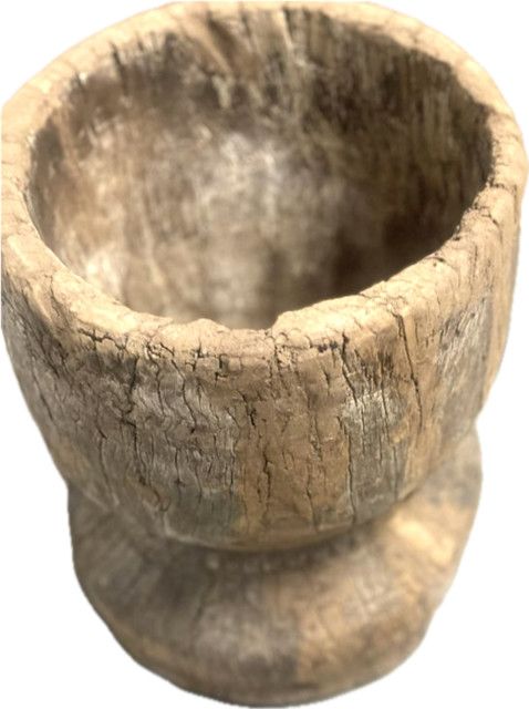 Antique indonesian wood mortar bowl with handle