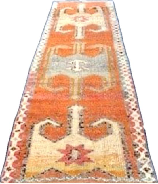 Moroccan Rug Runner, 3&#39;W x 8&#39;6&quot;L , Hand Knotted, Orange /Grey, 100% Wool
