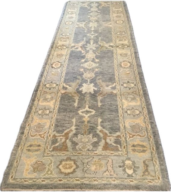 Turkish Oushak Rug Runner,  3&#39; x 10&#39;9&quot; -  Pale Light Blue/ Grey/ Light Tan, Hand-Knotted 100% Wool