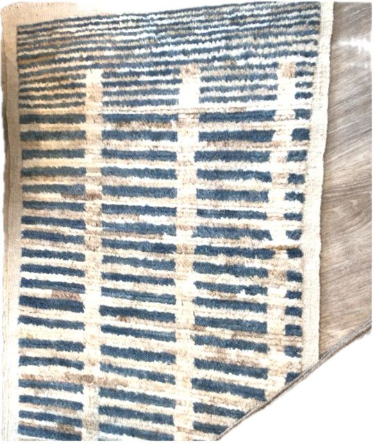 Moroccan Rug Runner,  2&#39;5&quot; x 10&#39;4&quot;,  Blue /Turquoise/Light Tan, Horizontal Lines Pattern