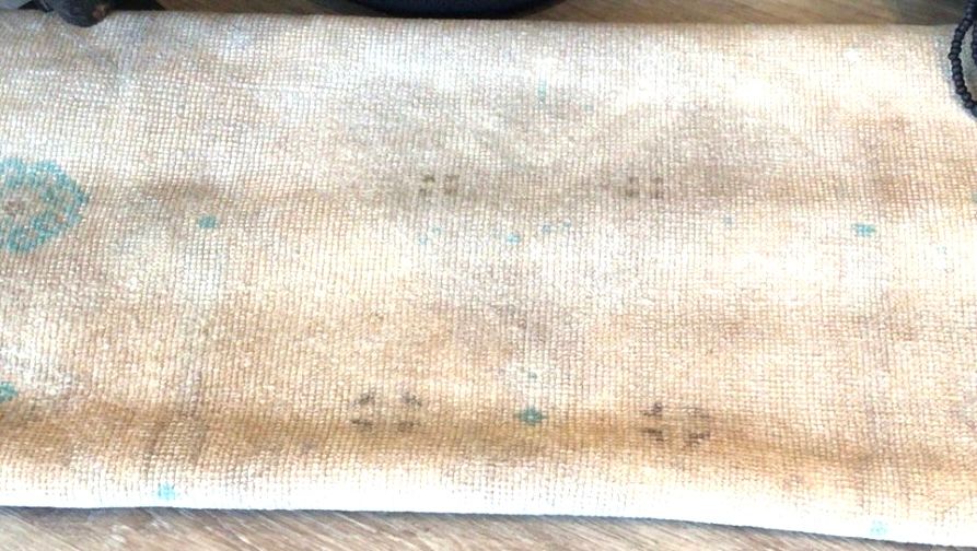 Turkish Oushak Rug Runner, 3&#39;3&quot; W x 9&#39; 9&quot;L, Light Tan/Pale Peach/ Turquoise