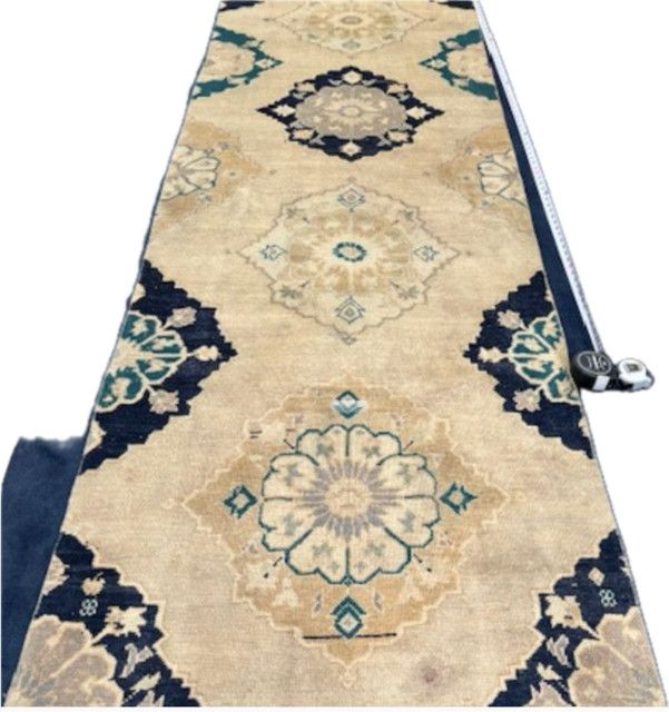 Turkish Wool 12&#39; x 3&#39;1&quot; Runner, Tans/Blues, Hand Knotted