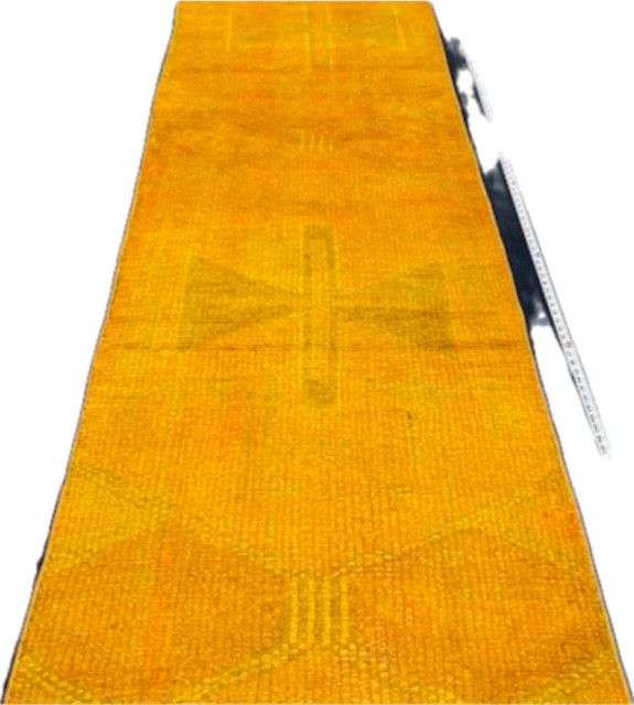 Turkish Wool 10&#39;11&quot; x 35&quot; Runner, Warm Yellow, Hand Knotted