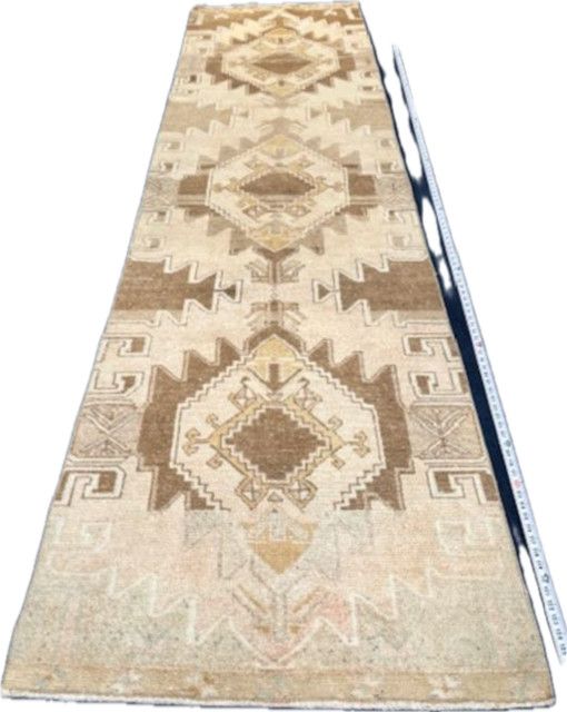 Turkish Wool 11&#39; x 34&quot; Runner, Tans/Lt Brown, Hand Knotted