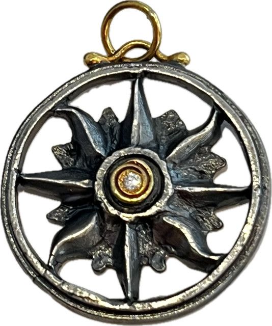 Charm, Sterling and 22k Sun with inset Diamond