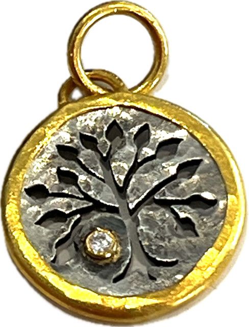 Charm, Sterling and 22k Tree of Life with inset Diamond