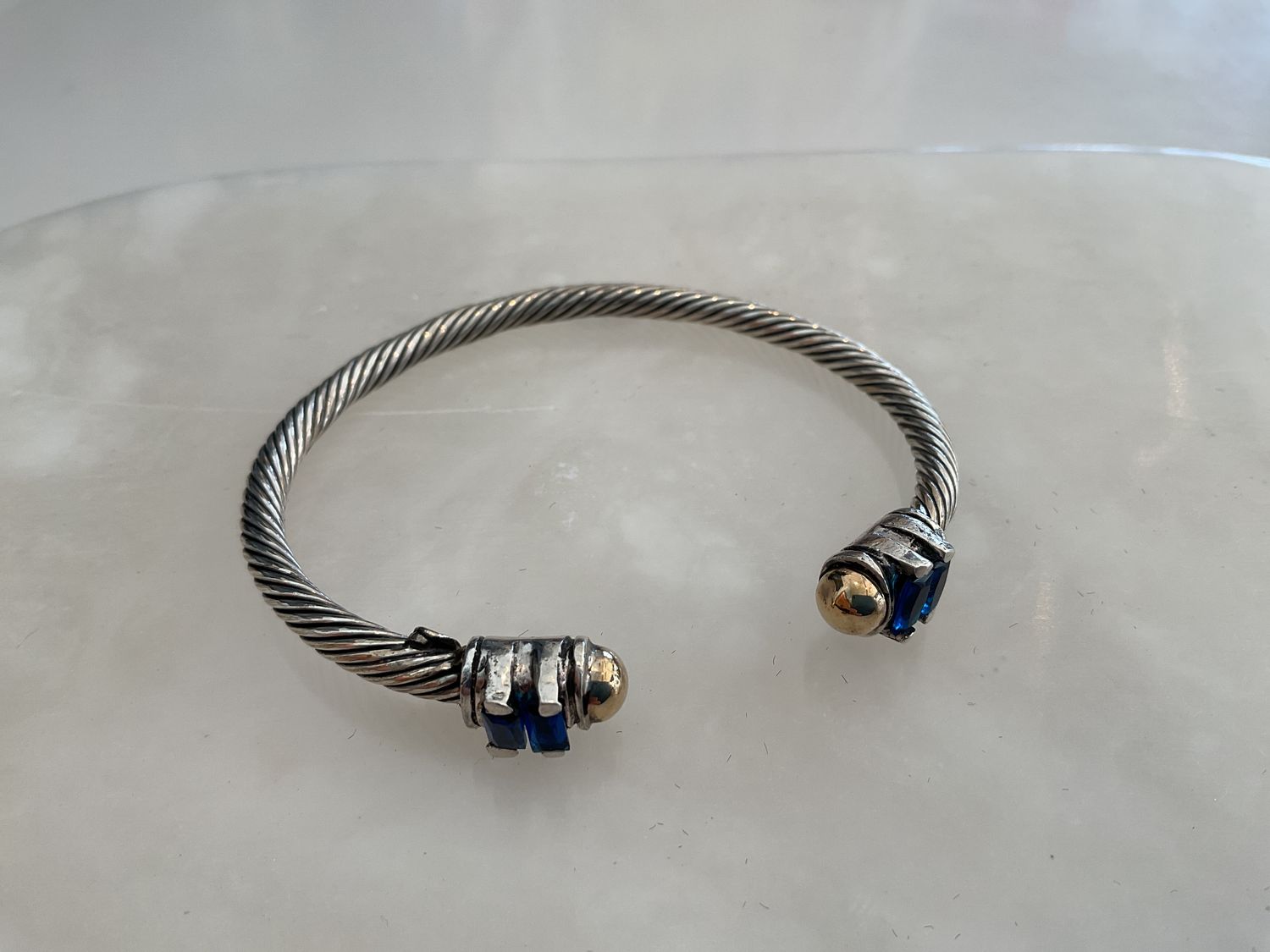 Bracelet, Sterling Cable with Gold Balls &amp; Blue Sapphires