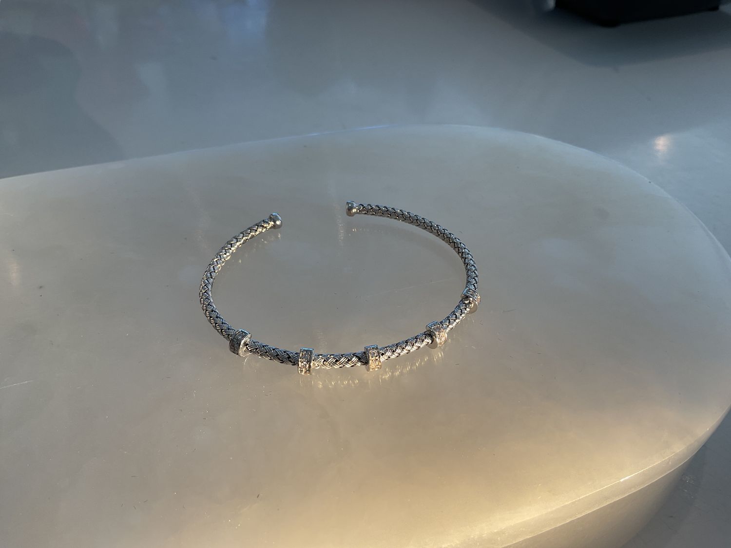 Bracelet, Woven Sterling with Diamond Rondelles