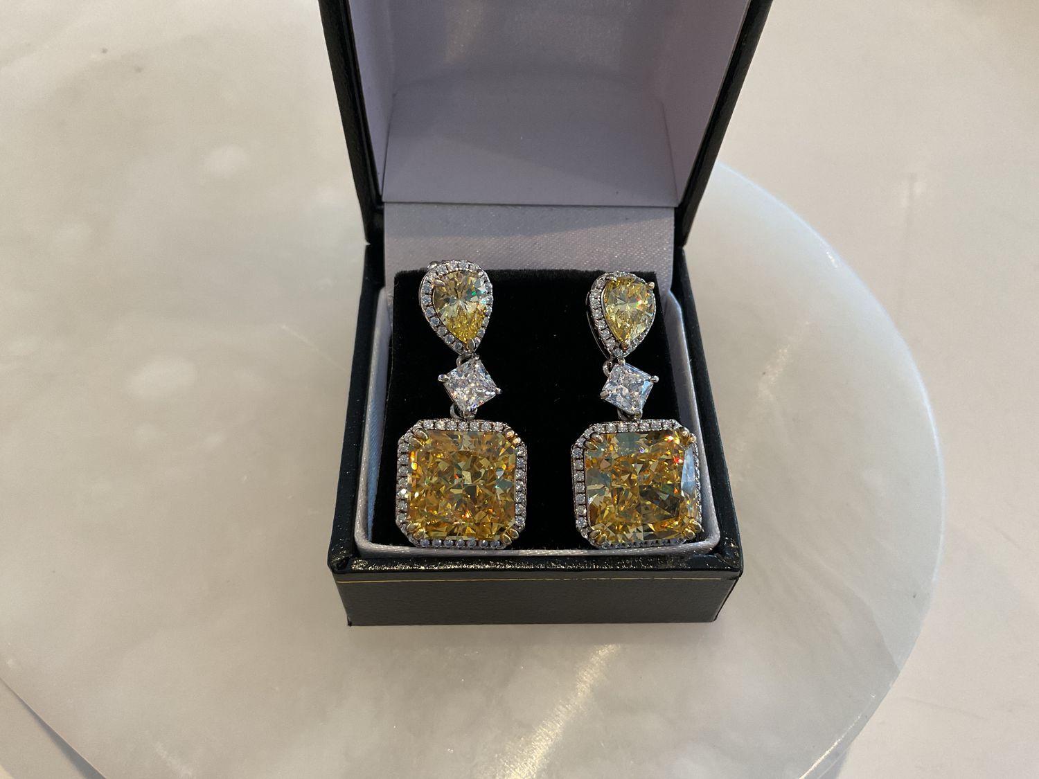 Earrings, Sterling, 3 Stone Cushion &amp; Pear Citrines, CZ