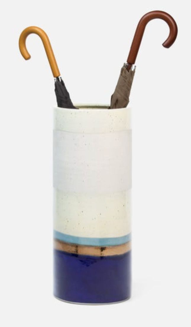 Umbrella Stand, Ceramic with Blue Band, 9.5&quot; D x 23.5&quot;H