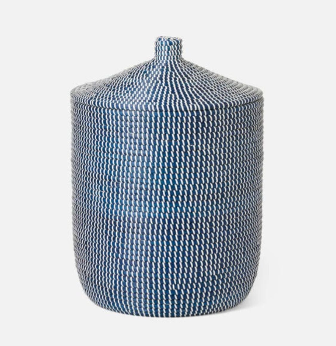 Basket Tall w/ Lid Tightly Woven Seagrass Navy/White 23&quot;H x 16&quot;D