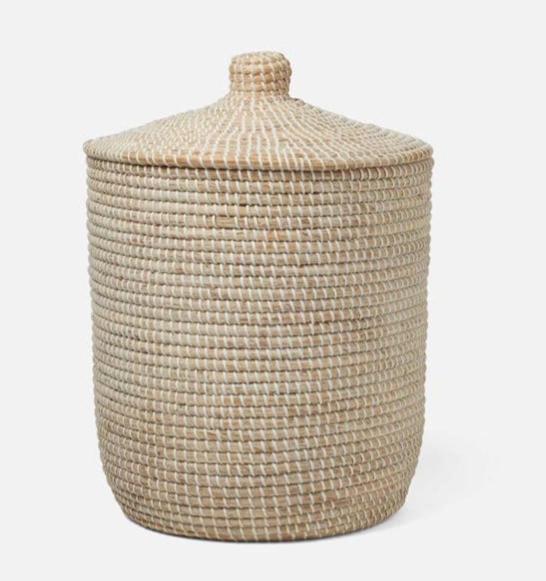 Basket Tall w/ Lid Tightly Woven Seagrass Tan/White 23&quot;H x 16&quot;D